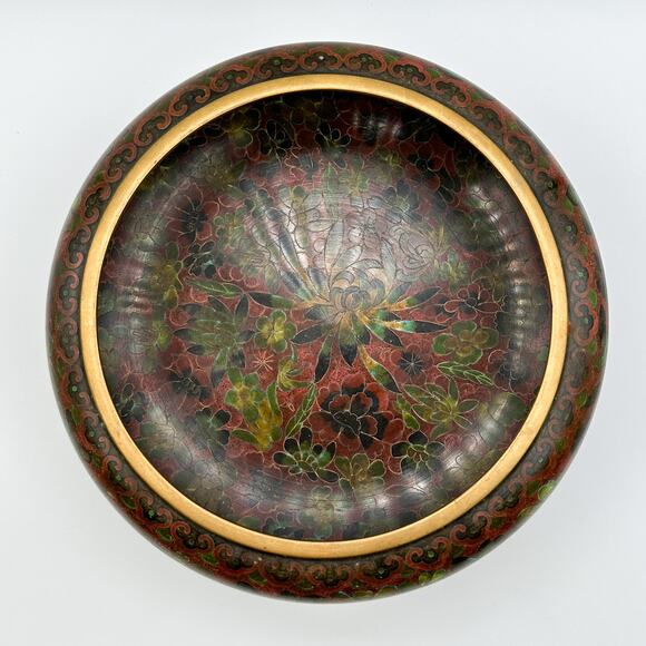 Vintage Chinese Cloisonne Enamel Bowl with Carved Lacquer Wood Stand - Picture 7 of 13